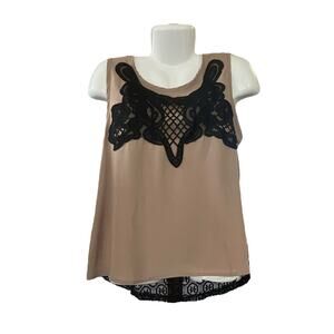 Joompy Women's Beige/Black Lace Back Sleeveless Mixed Media Blouse | Size L